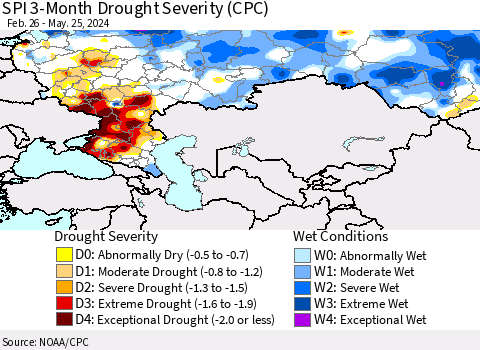 Russian Federation SPI 3-Month Drought Severity (CPC) Thematic Map For 2/26/2024 - 5/25/2024