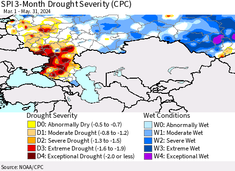 Russian Federation SPI 3-Month Drought Severity (CPC) Thematic Map For 3/1/2024 - 5/31/2024