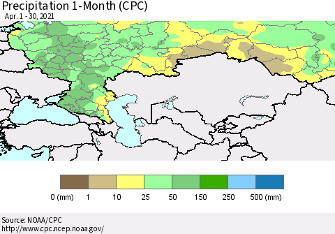 Russian Federation Precipitation 1-Month (CPC) Thematic Map For 4/1/2021 - 4/30/2021
