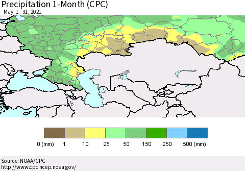 Russian Federation Precipitation 1-Month (CPC) Thematic Map For 5/1/2021 - 5/31/2021