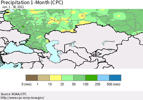 Russian Federation Precipitation 1-Month (CPC) Thematic Map For 6/1/2021 - 6/30/2021