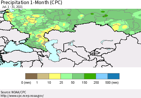 Russian Federation Precipitation 1-Month (CPC) Thematic Map For 7/1/2021 - 7/31/2021