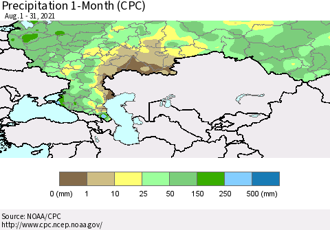 Russian Federation Precipitation 1-Month (CPC) Thematic Map For 8/1/2021 - 8/31/2021