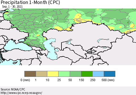 Russian Federation Precipitation 1-Month (CPC) Thematic Map For 9/1/2021 - 9/30/2021