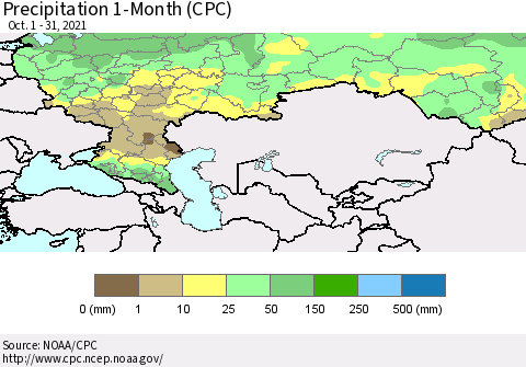 Russian Federation Precipitation 1-Month (CPC) Thematic Map For 10/1/2021 - 10/31/2021