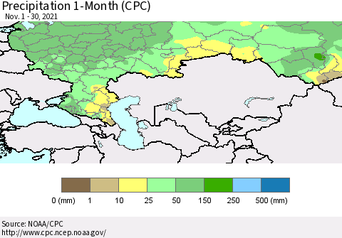 Russian Federation Precipitation 1-Month (CPC) Thematic Map For 11/1/2021 - 11/30/2021