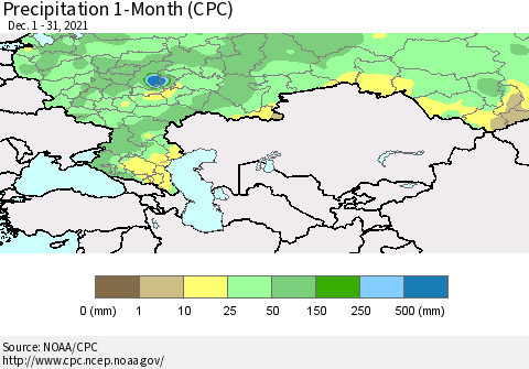 Russian Federation Precipitation 1-Month (CPC) Thematic Map For 12/1/2021 - 12/31/2021