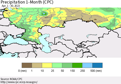 Russian Federation Precipitation 1-Month (CPC) Thematic Map For 4/1/2023 - 4/30/2023