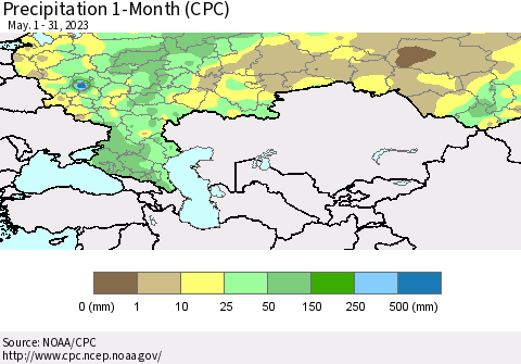 Russian Federation Precipitation 1-Month (CPC) Thematic Map For 5/1/2023 - 5/31/2023