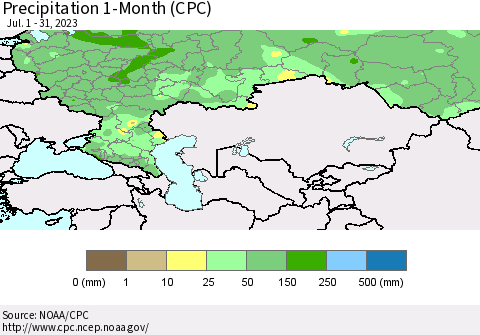 Russian Federation Precipitation 1-Month (CPC) Thematic Map For 7/1/2023 - 7/31/2023