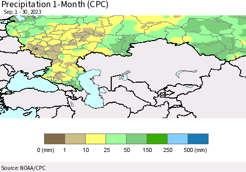 Russian Federation Precipitation 1-Month (CPC) Thematic Map For 9/1/2023 - 9/30/2023