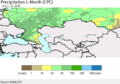 Russian Federation Precipitation 1-Month (CPC) Thematic Map For 1/1/2024 - 1/31/2024