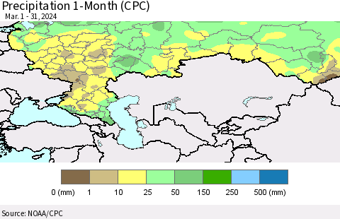 Russian Federation Precipitation 1-Month (CPC) Thematic Map For 3/1/2024 - 3/31/2024