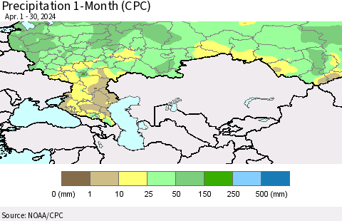 Russian Federation Precipitation 1-Month (CPC) Thematic Map For 4/1/2024 - 4/30/2024