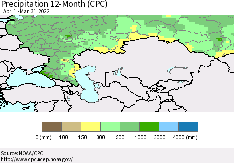 Russian Federation Precipitation 12-Month (CPC) Thematic Map For 4/1/2021 - 3/31/2022
