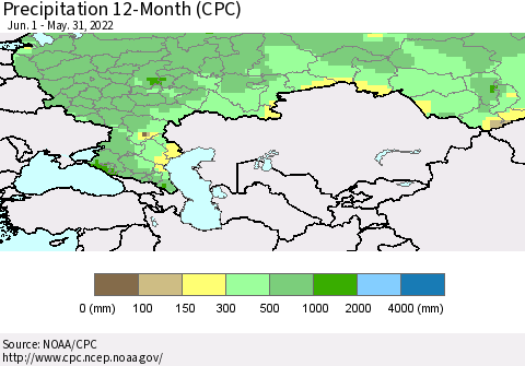Russian Federation Precipitation 12-Month (CPC) Thematic Map For 6/1/2021 - 5/31/2022