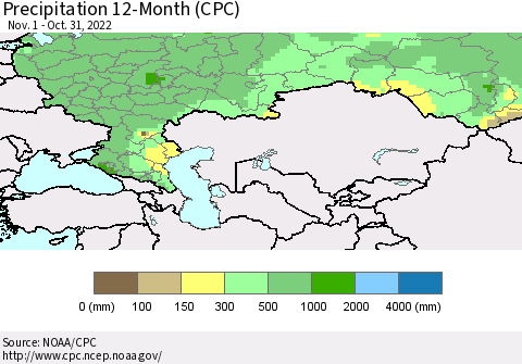 Russian Federation Precipitation 12-Month (CPC) Thematic Map For 11/1/2021 - 10/31/2022