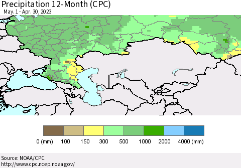 Russian Federation Precipitation 12-Month (CPC) Thematic Map For 5/1/2022 - 4/30/2023