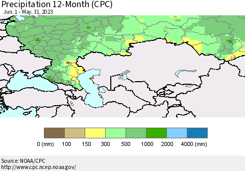 Russian Federation Precipitation 12-Month (CPC) Thematic Map For 6/1/2022 - 5/31/2023
