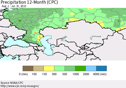 Russian Federation Precipitation 12-Month (CPC) Thematic Map For 8/1/2022 - 7/31/2023