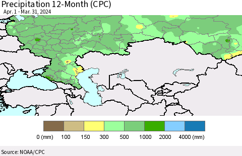 Russian Federation Precipitation 12-Month (CPC) Thematic Map For 4/1/2023 - 3/31/2024