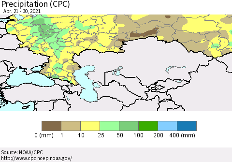 Russian Federation Precipitation (CPC) Thematic Map For 4/21/2021 - 4/30/2021