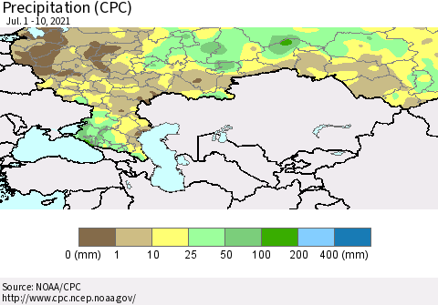Russian Federation Precipitation (CPC) Thematic Map For 7/1/2021 - 7/10/2021