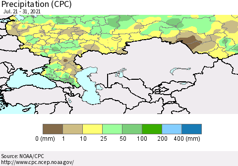 Russian Federation Precipitation (CPC) Thematic Map For 7/21/2021 - 7/31/2021