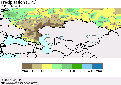 Russian Federation Precipitation (CPC) Thematic Map For 8/1/2021 - 8/10/2021