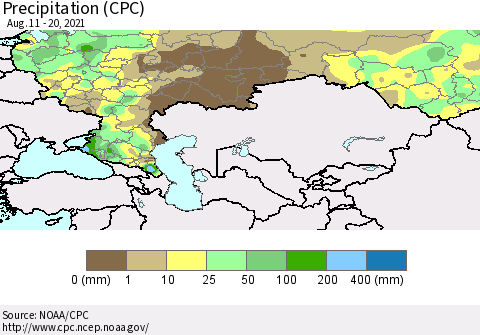 Russian Federation Precipitation (CPC) Thematic Map For 8/11/2021 - 8/20/2021