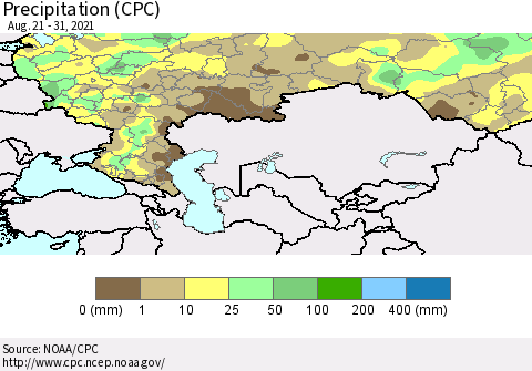 Russian Federation Precipitation (CPC) Thematic Map For 8/21/2021 - 8/31/2021