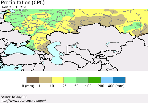 Russian Federation Precipitation (CPC) Thematic Map For 11/21/2021 - 11/30/2021