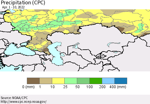 Russian Federation Precipitation (CPC) Thematic Map For 4/1/2022 - 4/10/2022