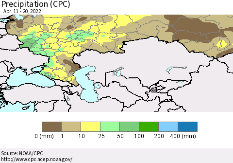 Russian Federation Precipitation (CPC) Thematic Map For 4/11/2022 - 4/20/2022