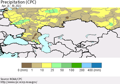 Russian Federation Precipitation (CPC) Thematic Map For 4/21/2022 - 4/30/2022