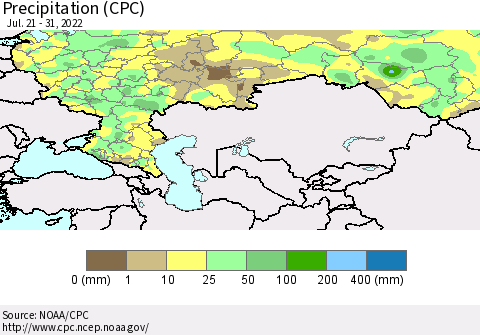 Russian Federation Precipitation (CPC) Thematic Map For 7/21/2022 - 7/31/2022