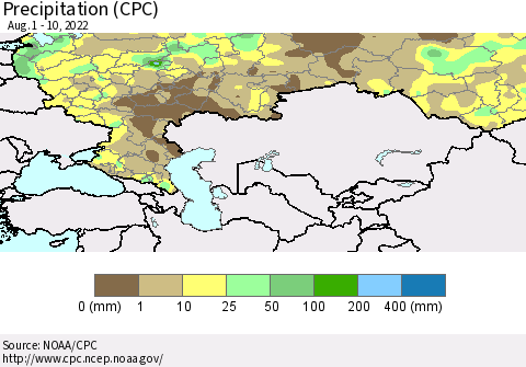 Russian Federation Precipitation (CPC) Thematic Map For 8/1/2022 - 8/10/2022