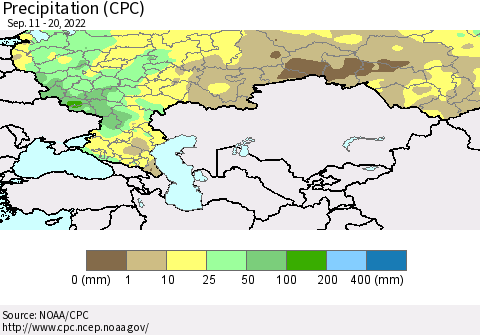 Russian Federation Precipitation (CPC) Thematic Map For 9/11/2022 - 9/20/2022