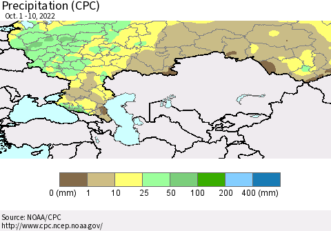 Russian Federation Precipitation (CPC) Thematic Map For 10/1/2022 - 10/10/2022