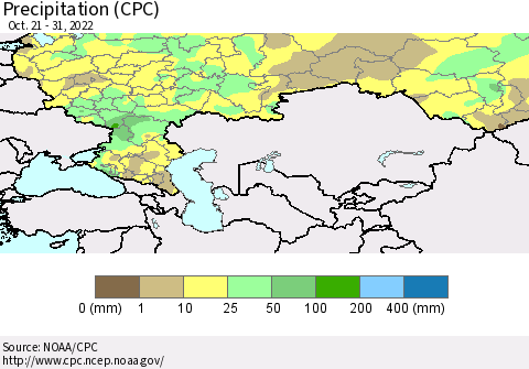 Russian Federation Precipitation (CPC) Thematic Map For 10/21/2022 - 10/31/2022