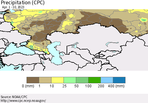 Russian Federation Precipitation (CPC) Thematic Map For 4/1/2023 - 4/10/2023