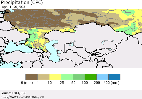 Russian Federation Precipitation (CPC) Thematic Map For 4/11/2023 - 4/20/2023