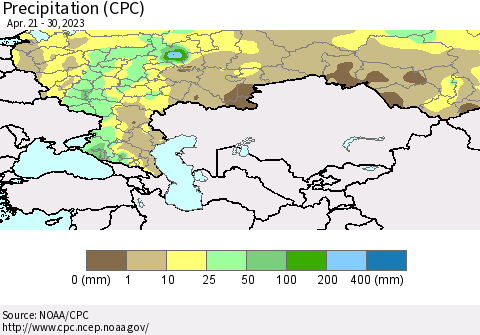 Russian Federation Precipitation (CPC) Thematic Map For 4/21/2023 - 4/30/2023