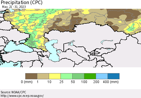 Russian Federation Precipitation (CPC) Thematic Map For 5/21/2023 - 5/31/2023