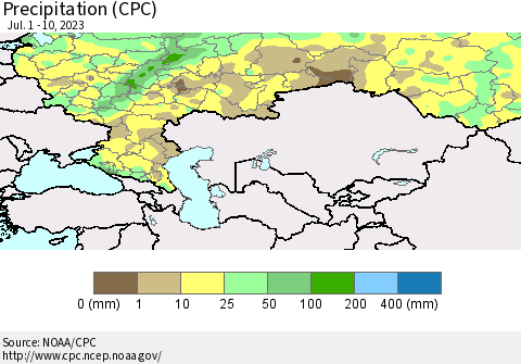 Russian Federation Precipitation (CPC) Thematic Map For 7/1/2023 - 7/10/2023