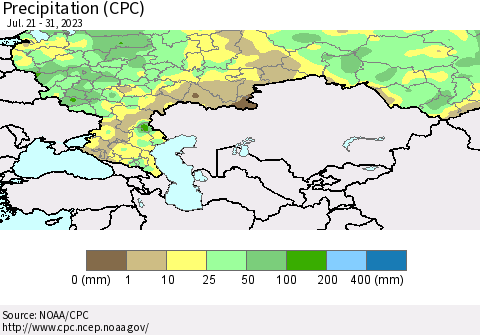 Russian Federation Precipitation (CPC) Thematic Map For 7/21/2023 - 7/31/2023
