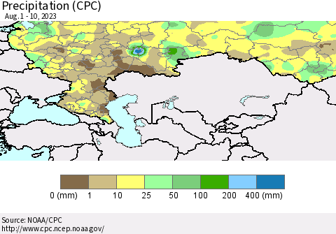 Russian Federation Precipitation (CPC) Thematic Map For 8/1/2023 - 8/10/2023