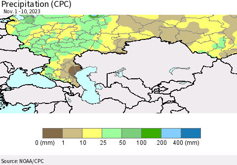 Russian Federation Precipitation (CPC) Thematic Map For 11/1/2023 - 11/10/2023