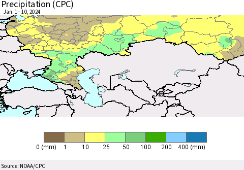 Russian Federation Precipitation (CPC) Thematic Map For 1/1/2024 - 1/10/2024