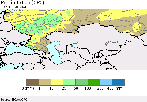 Russian Federation Precipitation (CPC) Thematic Map For 1/11/2024 - 1/20/2024